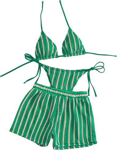 Sexy Halter String Striped Triangle Boyshorts Bikini Sets Bathing Suit 3 Piece in Saudi Arabia