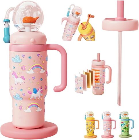 قمم الحوت من الفولاذ المقاوم للصدأ نافورة مع مقبض 2025 كوب شرب مع حوت بخ من سفر معزول Tumblers الأطفال موزونة كوب sippy لا تسرب زجاجة ماء لطيف مع أغطية وتسرب القش (A3) in Kuwait