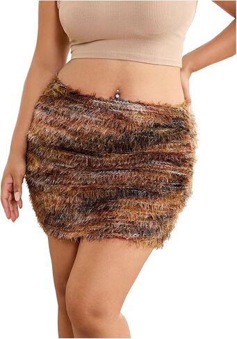 MakeMeChic Women's Plus Size Mini Skirt Summer Brown Fuzzy Faux Fur Bodycon Vintage Short Skirts in Saudi Arabia