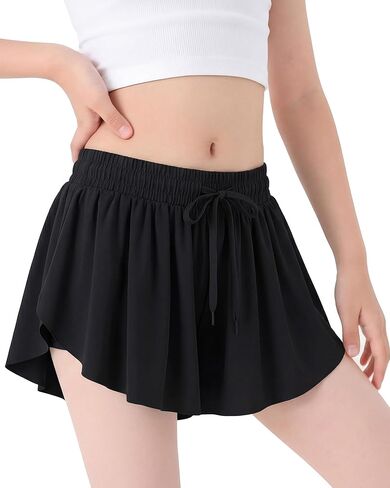 Girls Flowy Shorts: 2-in-1 High Waist Athletic Skorts Preppy Butterfly Shorts with Pocket Liner for Cheer Gym 7-14Y in Saudi Arabia