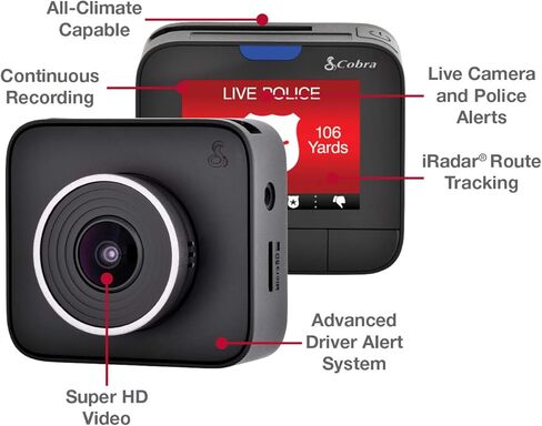 Cobra Dash Camera DASH2316D - 1080p Full HD Front Cam and 720p HD Rear Cam, 16GB MicroSD Included, iRadar Bluetooth Connectivity, Loop Recording, G-Sensor Auto Accident Detection, 2 Inch Screen, Black in Saudi Arabia