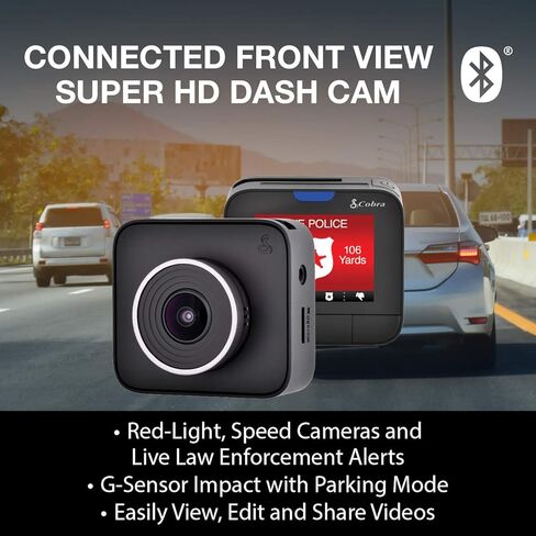Cobra Dash Camera DASH2316D - 1080p Full HD Front Cam and 720p HD Rear Cam, 16GB MicroSD Included, iRadar Bluetooth Connectivity, Loop Recording, G-Sensor Auto Accident Detection, 2 Inch Screen, Black in Saudi Arabia