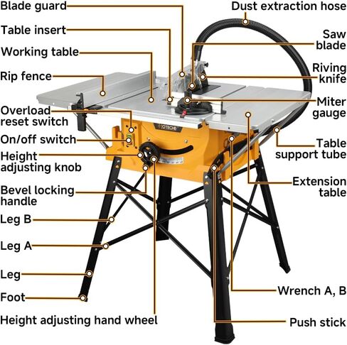 Hoteche 10-Inch Table Saw 15-Amp Benchtop Jobsite Saw Powerful and Precise Woodworking Tool with Extension Tables and Stand in Saudi Arabia