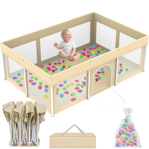 Foldable Playpen for Babies and Toddlers,50"×50" Collapsible Play Pen with 50 Ball Pit Balls, Portable Indoor & Outdoor Play Yard, Baby Fence with Carry Bag, Mat Not Include, Beige in Saudi Arabia