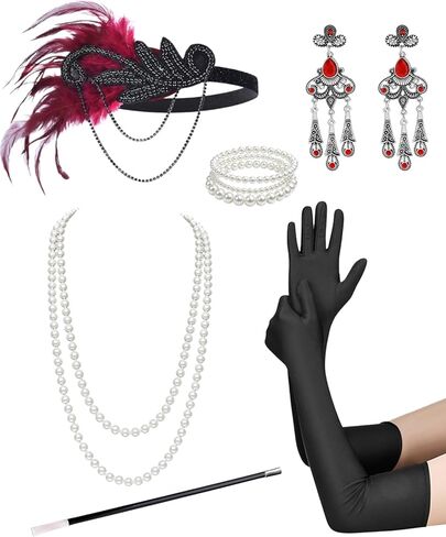 1920s Flapper Roraing 20s Costume Accessories Set – Flapper Feather Headband, Earrings, Pearl Necklace Bracelet in Saudi Arabia