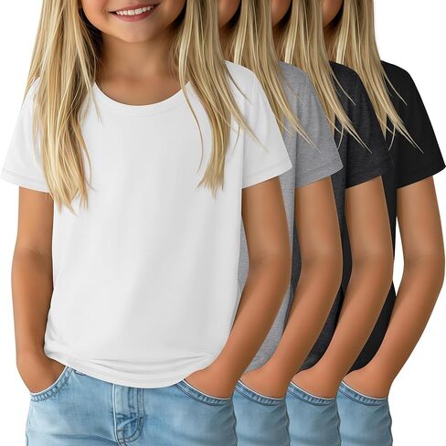 4 حزمة الفتيات قصيرة الأكمام تي شيرت طفل متماسكة Crewneck فضفاضة تناسب منحنى هيم القمم عادية الصيف التباين خياطة المحملة in Saudi Arabia