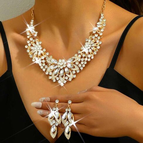 Yonamix Wedding Jewelry Sets Gold Rhinestone Necklace and Earrings for Women in Saudi Arabia
