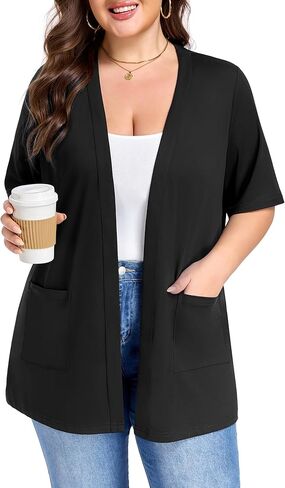 Plus Size Short Sleeve Cardigan for Womens Lightweight Casual Soft Open Front Cardigan Cover ups with Pockets in Saudi Arabia