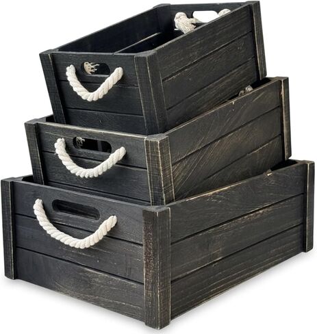 Set of 3 Rustic Nested Wooden Crates with Rope Handles - Decorative Farmhouse Storage Boxes for Kitchen, Living Room & Bathroom - Modern Wood Grain Home Organization in Saudi Arabia