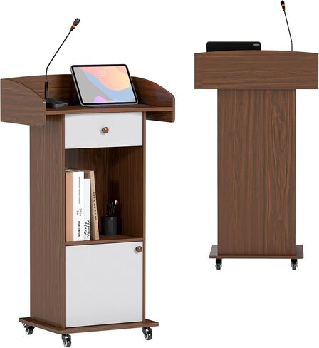 Mobile Wooden Podium Stand with Metal Wheels, Portable Pulpit with Drawer and Storage Cabinet, Built-in Cable Hole Lectern for Office Classroom Lecture Restaurant Church (Brown White) in Saudi Arabia