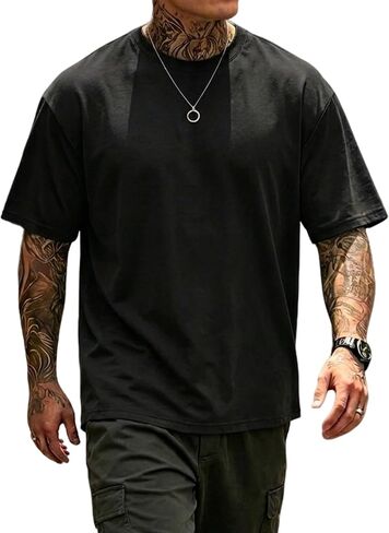 Men's Fashion Oversized T-Shirts Short Sleeve Loose Fit Drop Shoulder Crewneck Casual Tee Tops in Saudi Arabia
