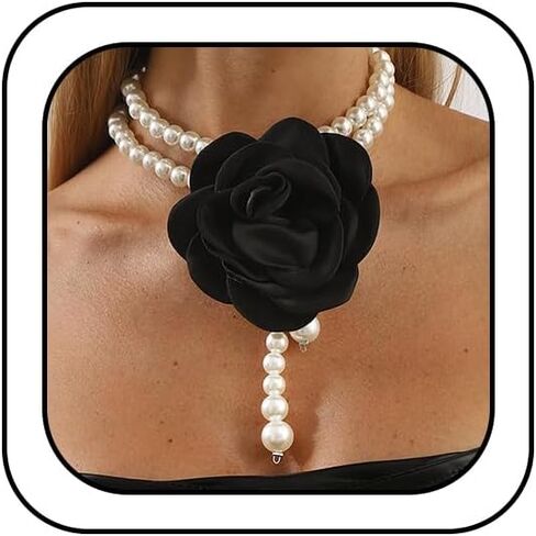 Layered Black Red Large Flower Choker Necklace for Women Vintage Statement Big Floral Beaded White Pearls Chain Collar Y Necklaces Jewelry Gift in Saudi Arabia
