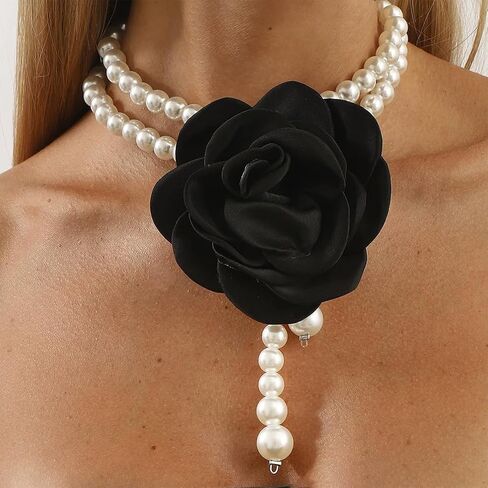 Layered Black Red Large Flower Choker Necklace for Women Vintage Statement Big Floral Beaded White Pearls Chain Collar Y Necklaces Jewelry Gift in Saudi Arabia