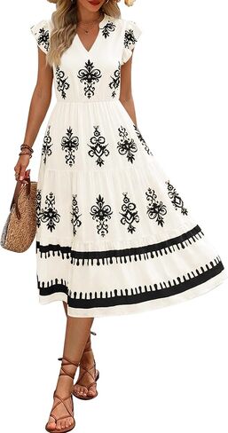 Summer Dress for Women Casual V Neck Boho Dresses Flowy Short Sleeve Midi Dress Floral Vacation Dresses with Pockets in Saudi Arabia