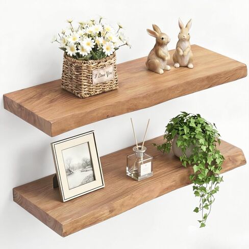 PERFNIQUE 24 Inch Floating Shelves Set of 2, Solid Elm Wood Rustic Live Edge Wall Decor Shelves - Invisible Bracket Mount for Living Room, Kitchen, Bathroom, Natural. in Saudi Arabia