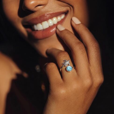 Turtle Ring 925 Sterling Silver Natural Larimar Open Ring Sea Beach Larimar Jewelry Gift for Women Lover in Saudi Arabia