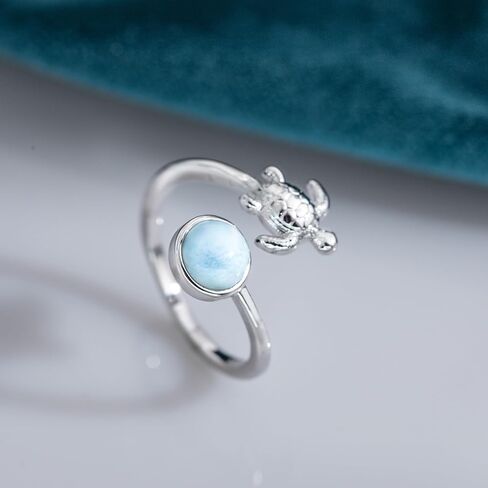 Turtle Ring 925 Sterling Silver Natural Larimar Open Ring Sea Beach Larimar Jewelry Gift for Women Lover in Saudi Arabia