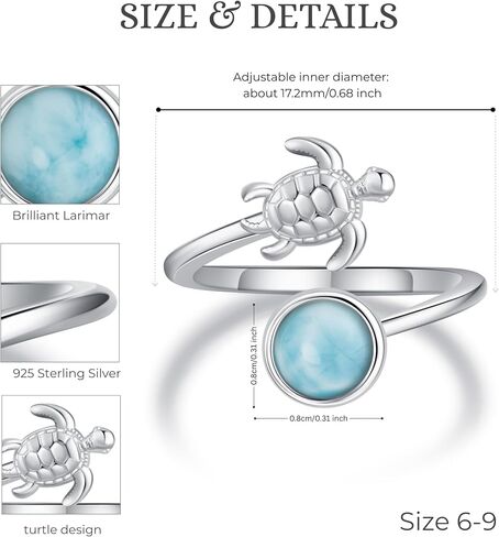 Turtle Ring 925 Sterling Silver Natural Larimar Open Ring Sea Beach Larimar Jewelry Gift for Women Lover in Saudi Arabia
