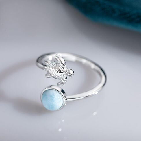 Turtle Ring 925 Sterling Silver Natural Larimar Open Ring Sea Beach Larimar Jewelry Gift for Women Lover in Saudi Arabia
