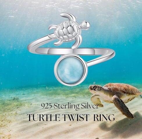 Turtle Ring 925 Sterling Silver Natural Larimar Open Ring Sea Beach Larimar Jewelry Gift for Women Lover in Saudi Arabia