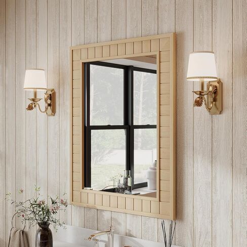 37"x28" Wood Framed Wall Mirror - Large Rectangular Bathroom Vanity Mirror, Natural Oak Solid Wood Frame, Farmhouse Rustic Decor for Bedroom, Living Room, Entryway,Walnut Brown in Saudi Arabia