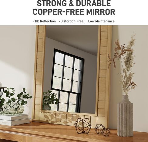 37"x28" Wood Framed Wall Mirror - Large Rectangular Bathroom Vanity Mirror, Natural Oak Solid Wood Frame, Farmhouse Rustic Decor for Bedroom, Living Room, Entryway,Walnut Brown in Saudi Arabia