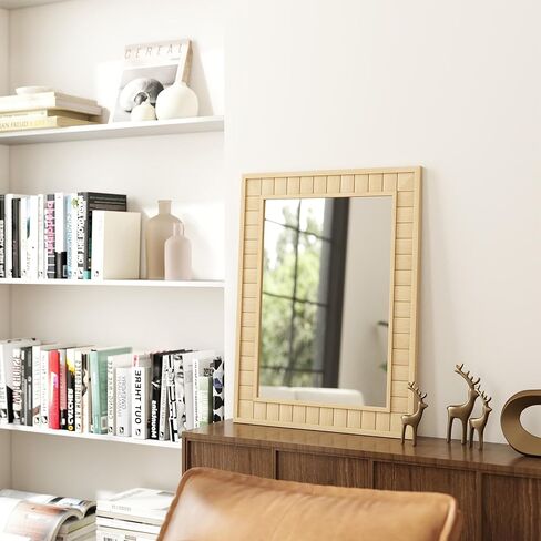 37"x28" Wood Framed Wall Mirror - Large Rectangular Bathroom Vanity Mirror, Natural Oak Solid Wood Frame, Farmhouse Rustic Decor for Bedroom, Living Room, Entryway,Walnut Brown in Saudi Arabia