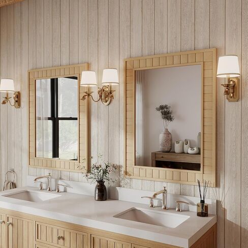 37"x28" Wood Framed Wall Mirror - Large Rectangular Bathroom Vanity Mirror, Natural Oak Solid Wood Frame, Farmhouse Rustic Decor for Bedroom, Living Room, Entryway,Walnut Brown in Saudi Arabia