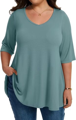 LARACE Elbow Sleeve Plus Size Tops for Women, Women's Half Sleeves Tunic Shirts Spring Summer Fall Clothes Blouse V Neck in Saudi Arabia