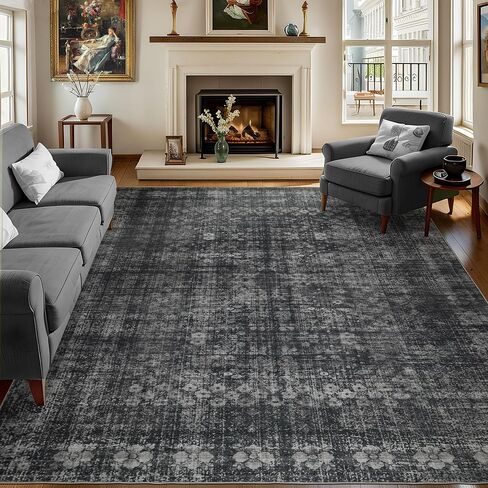 8x10 Vintage Washable Area Rug for Living Room,Low Pile Non Slip Carpet Non-Shedding Large Area Rug Soft Indoor Stain Resistant Rug Floral Print Mat for Bedroom Dining Room Black in Saudi Arabia
