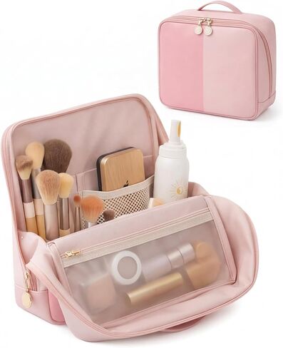 Large Standing Makeup Bag, Sturdy PU Leather Cosmetic Organizer with Fold-Down Phone Tray, Waterproof Travel Toiletry Case with Wipeable TPU Brush Holder, 9.5 Inch, Pink in Saudi Arabia