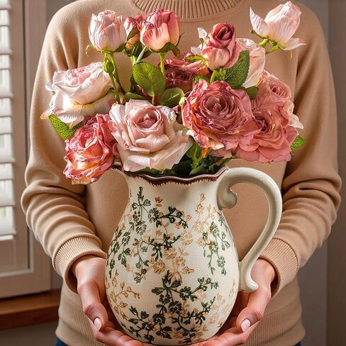 Green and Beige Vintage Vase with Handle,Red Rose Chinoiserie Vase,Farmhouse Antique Decorative Ceramic Vases for Home Decor,Bookshelf, Dining Table, Coffee Table,Mantel, Tuscan Decor (H8.05 Inch) in Saudi Arabia