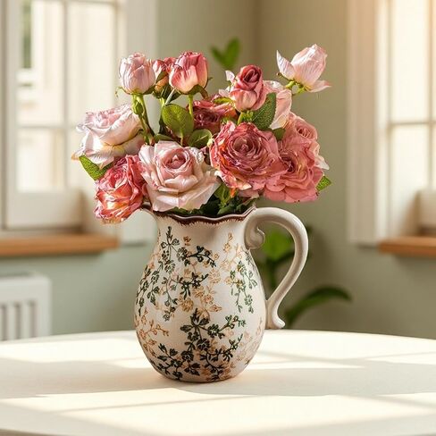 Green and Beige Vintage Vase with Handle,Red Rose Chinoiserie Vase,Farmhouse Antique Decorative Ceramic Vases for Home Decor,Bookshelf, Dining Table, Coffee Table,Mantel, Tuscan Decor (H8.05 Inch) in Saudi Arabia