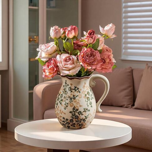 Green and Beige Vintage Vase with Handle,Red Rose Chinoiserie Vase,Farmhouse Antique Decorative Ceramic Vases for Home Decor,Bookshelf, Dining Table, Coffee Table,Mantel, Tuscan Decor (H8.05 Inch) in Saudi Arabia