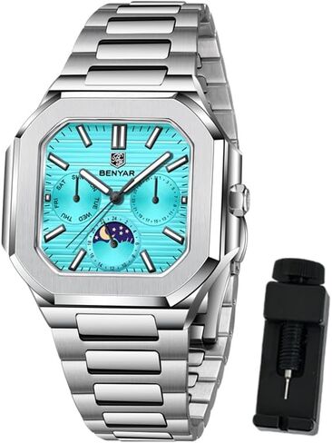 BENYAR Men's Chronograph Watch, Quartz Movement 37mm Stainless Steel Moon Phase Luminous Calendar Waterproof Sports Casual Business Dress Watch, Men's Gift in Saudi Arabia
