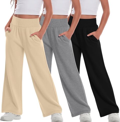 3 Pack Girls Wide Leg Pants High Elastic Waist Flowy Pants Summer Loose Lightweight Trousers for 5-14Y Kids in Saudi Arabia
