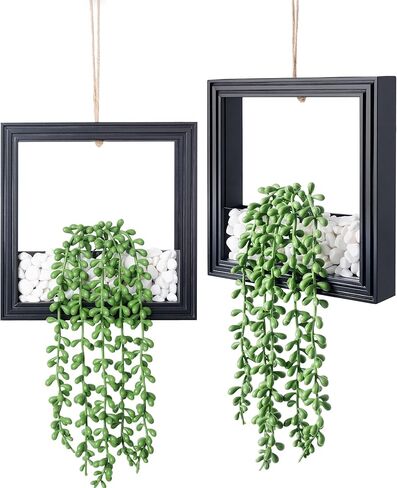 2 Pack Hanging Artificial Succulents Plants String of Tears - 7.8x7.8in Square Wooden Frame Vase with Stones & 2 LED Fairy Lights (On/Off Switch), Farmhouse Decor for Indoor Outdoor Wall（Burnt Wood） in Saudi Arabia