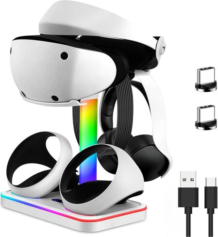 حامل شحن لجهاز PlayStation VR2، محطة شحن لجهاز PSVR 2 مع حامل عرض سماعة الرأس VR، قاعدة شحن وحدة التحكم لجهاز PS5 VR2 مع مؤشر شحن LED، 7 أوضاع إضاءة، كابل من النوع C in Kuwait