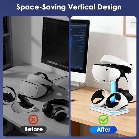 حامل شحن لجهاز PlayStation VR2، محطة شحن لجهاز PSVR 2 مع حامل عرض سماعة الرأس VR، قاعدة شحن وحدة التحكم لجهاز PS5 VR2 مع مؤشر شحن LED، 7 أوضاع إضاءة، كابل من النوع C in Kuwait