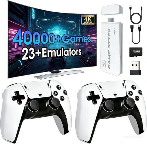 وحدة تحكم ألعاب 2026New Retro، 40000+ لعبة و23 محاكيًا، مع وحدات تحكم لاسلكية مزدوجة 2.4G، التوصيل والتشغيل 4K HD HDMI TV Game Stick باللون الأبيض in Kuwait