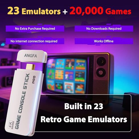 ANGFA 2026 NEW Wireless Retro Gaming Console Built-in 20,000+ Games and 23 Emulators, Plug & Play Retro Game Console Pro with HD 4K Output & Dual 2.4G Controllers, Nostalgic Gaming Stick (64-GB) in Kuwait