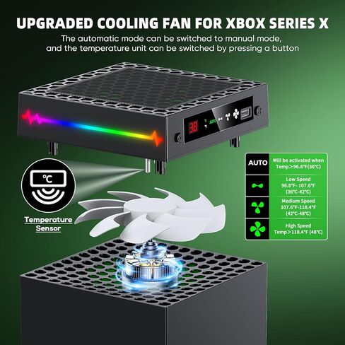 مروحة تبريد تلقائية لسلسلة Xbox X مع شاشة عرض لدرجة الحرارة LED و9 أوضاع إضاءة RGB، نظام تبريد ذكي قابل للتعديل حرارياً لـ Xbox Series X، مفتاح تبريد وإضاءة منفصل، خطاف سماعة رأس، منفذ USB in Kuwait