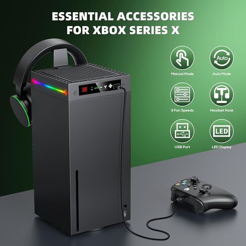 مروحة تبريد تلقائية لسلسلة Xbox X مع شاشة عرض لدرجة الحرارة LED و9 أوضاع إضاءة RGB، نظام تبريد ذكي قابل للتعديل حرارياً لـ Xbox Series X، مفتاح تبريد وإضاءة منفصل، خطاف سماعة رأس، منفذ USB in Kuwait
