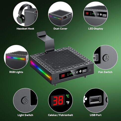 مروحة تبريد تلقائية لسلسلة Xbox X مع شاشة عرض لدرجة الحرارة LED و9 أوضاع إضاءة RGB، نظام تبريد ذكي قابل للتعديل حرارياً لـ Xbox Series X، مفتاح تبريد وإضاءة منفصل، خطاف سماعة رأس، منفذ USB in Kuwait
