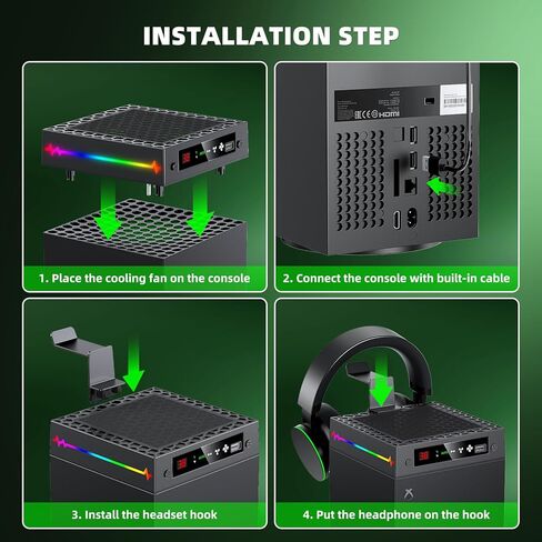 مروحة تبريد تلقائية لسلسلة Xbox X مع شاشة عرض لدرجة الحرارة LED و9 أوضاع إضاءة RGB، نظام تبريد ذكي قابل للتعديل حرارياً لـ Xbox Series X، مفتاح تبريد وإضاءة منفصل، خطاف سماعة رأس، منفذ USB in Kuwait