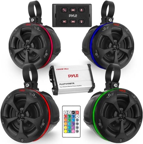 PyleUsa Bluetooth Off-Road Speakers with Amplifier-4" 800W 4-CH Marine Grade Waterproof Wakeboard Tower System,RGB Lights,Remote,BT Control Unit,Full Range Stereo Speaker for ATV UTV,Quad, Jeep, Boat in Saudi Arabia