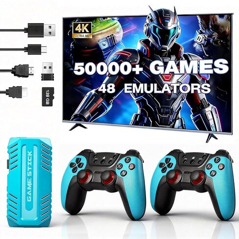 وحدة تحكم ألعاب UWDFH Retro، 2026 Gaming Stick Pro، 50000 لعبة - 128 جيجابايت، مخرج HDMI 4K، وحدة تحكم لاسلكية 2.4 جيجا هرتز، 48 محاكي كلاسيكي، توصيل وتشغيل ألعاب الفيديو للتلفزيون (أزرق) (أزرق) in Kuwait