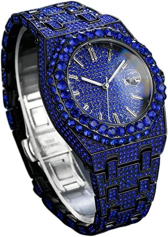 Black Quartz Watches for Men Special Trendy Calendar Luminous Hands Hip Hop Bracelet Watch Full Rhinestone dial dial Male Diamond Wristwatch in Saudi Arabia