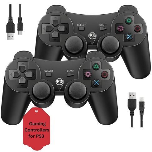 جهاز تحكم Hopevry 2 Pack لجهاز PS3 | وحدة تحكم لاسلكية لسوني بلاي ستيشن 3 | دبل شوك 3، بلوتوث، قابل للشحن، جهاز تحكم عن بعد لجهاز PS3 | بما في ذلك 2 كابلات USB (أسود) in Kuwait