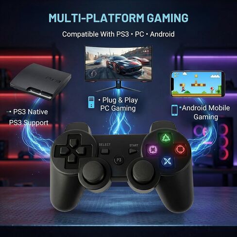 جهاز تحكم Hopevry 2 Pack لجهاز PS3 | وحدة تحكم لاسلكية لسوني بلاي ستيشن 3 | دبل شوك 3، بلوتوث، قابل للشحن، جهاز تحكم عن بعد لجهاز PS3 | بما في ذلك 2 كابلات USB (أسود) in Kuwait